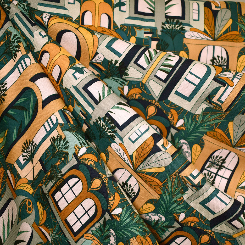 See You at Six Cuban Houses Collage Rayon Ochre/Evergreen – Style