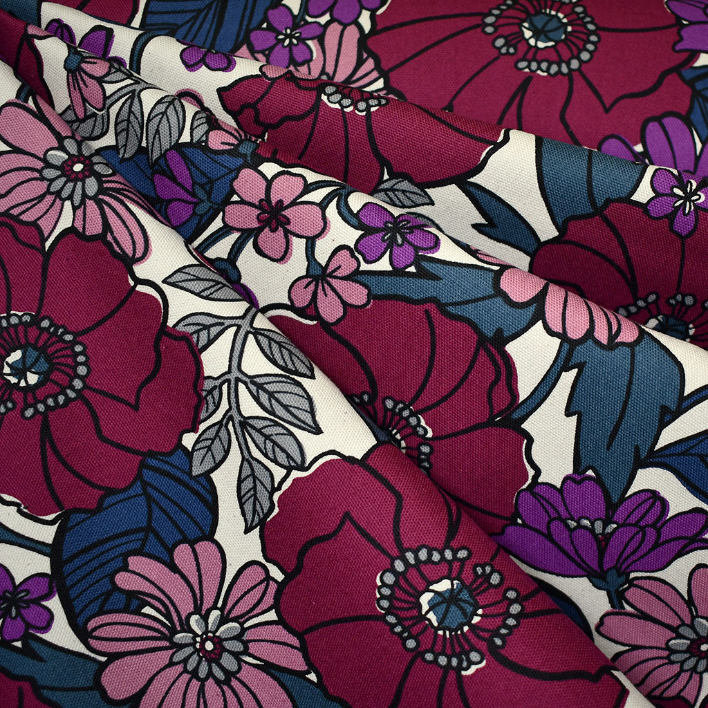 Japanese Color Filled Outline Floral Oxford Canvas Burgund/Navy Style