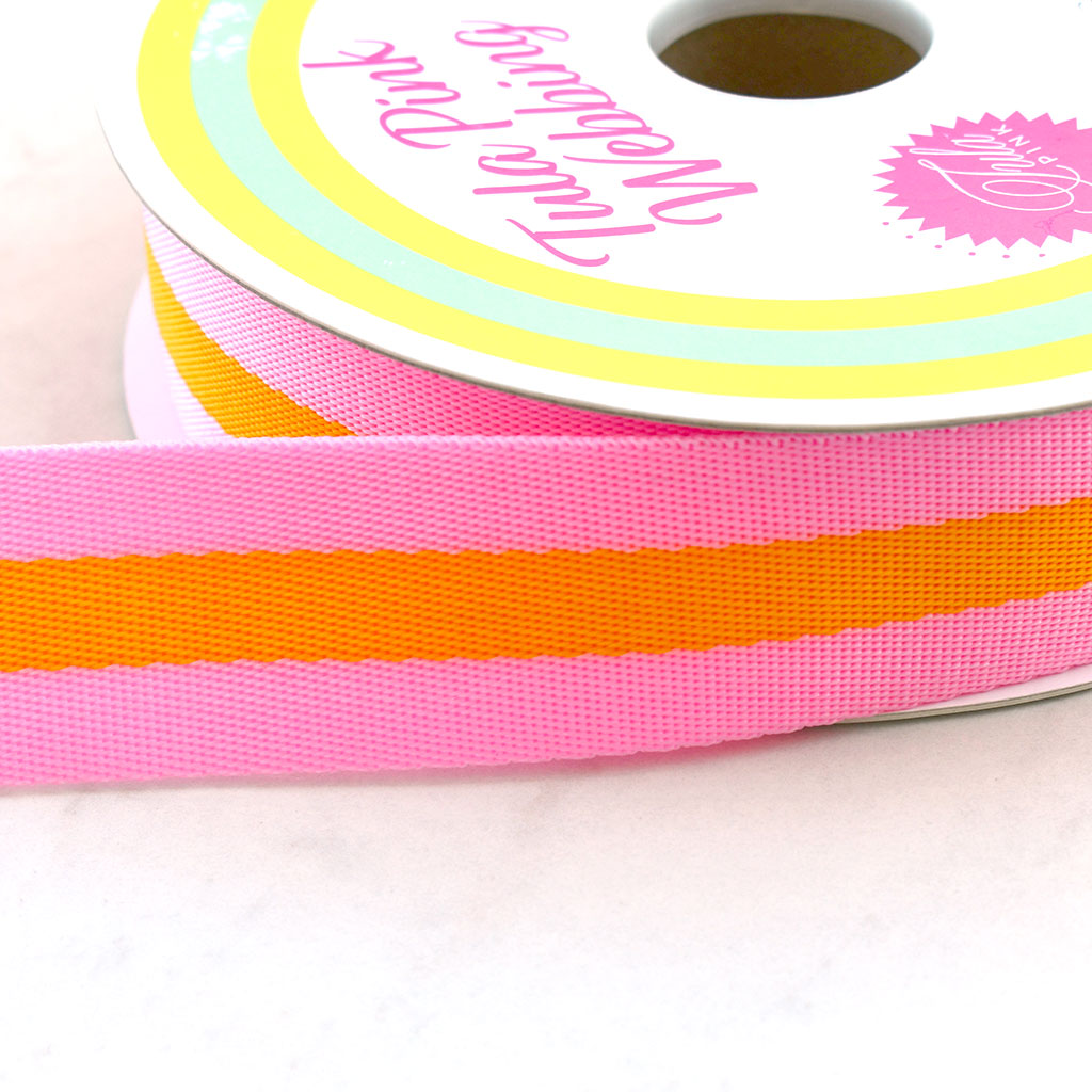 Red stripes and hot pink stripes printed on 7/8 hot pinks grosgrain ribbon