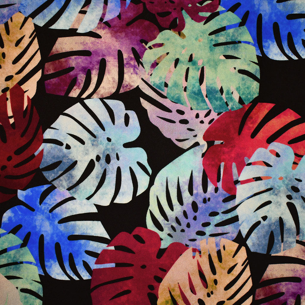Colorful Tropical Leaves Swimwear Knit Black/Multi – Style Maker Fabrics