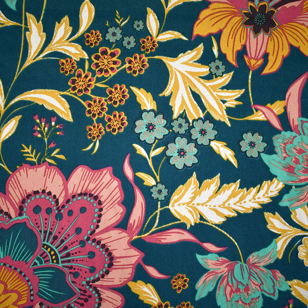 Designer Jacobean Vine Floral Rayon Voile Ocean/Multi – Style Maker Fabrics