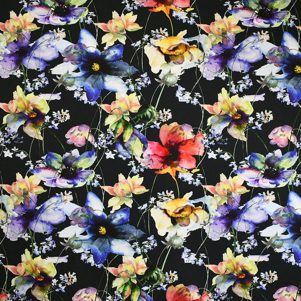 Large Watercolor Floral Digital Print Cotton Jersey Knit Black/Multi ...