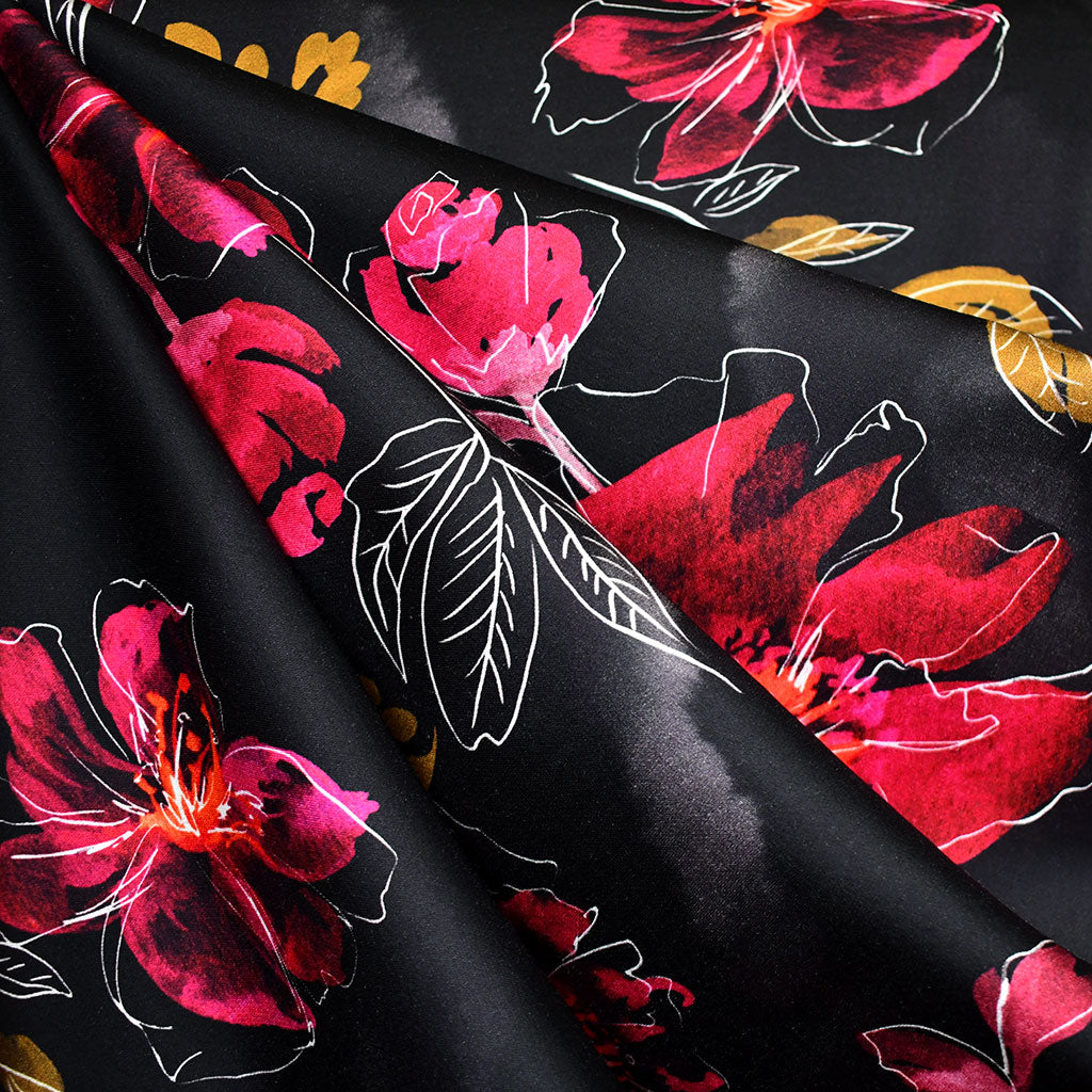 Romantic Tossed Floral Silky Rayon Satin Black/Cranberry Style Maker