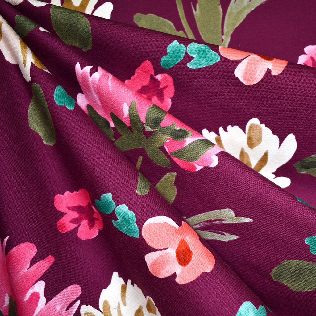 Painterly Floral Jersey French Terry Wine – Style Maker Fabrics