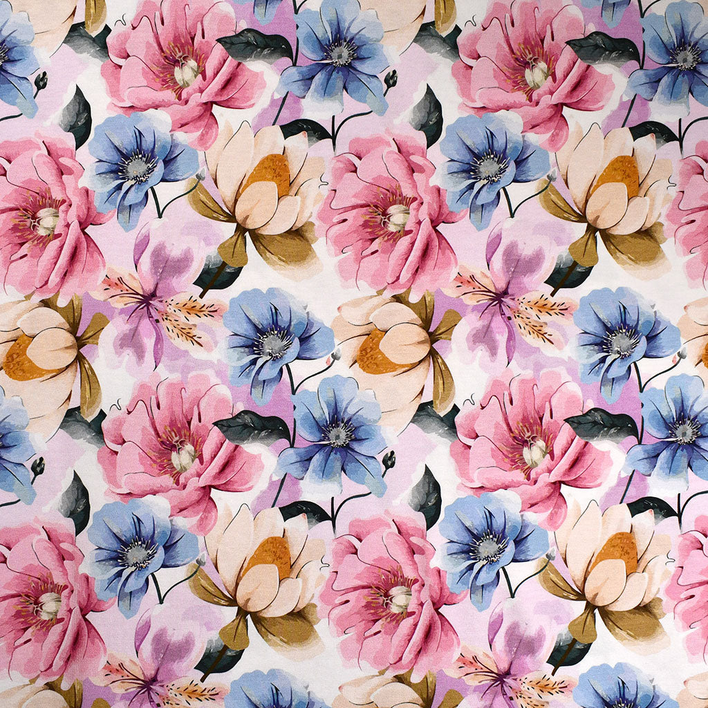 Spring Pastel Floral Cotton Jersey Knit Pink/Sky Blue – Style Maker Fabrics