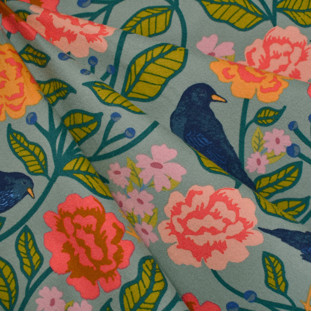 Starling Blackbird Aviary Floral Cozy Flannel Aqua – Style Maker Fabrics