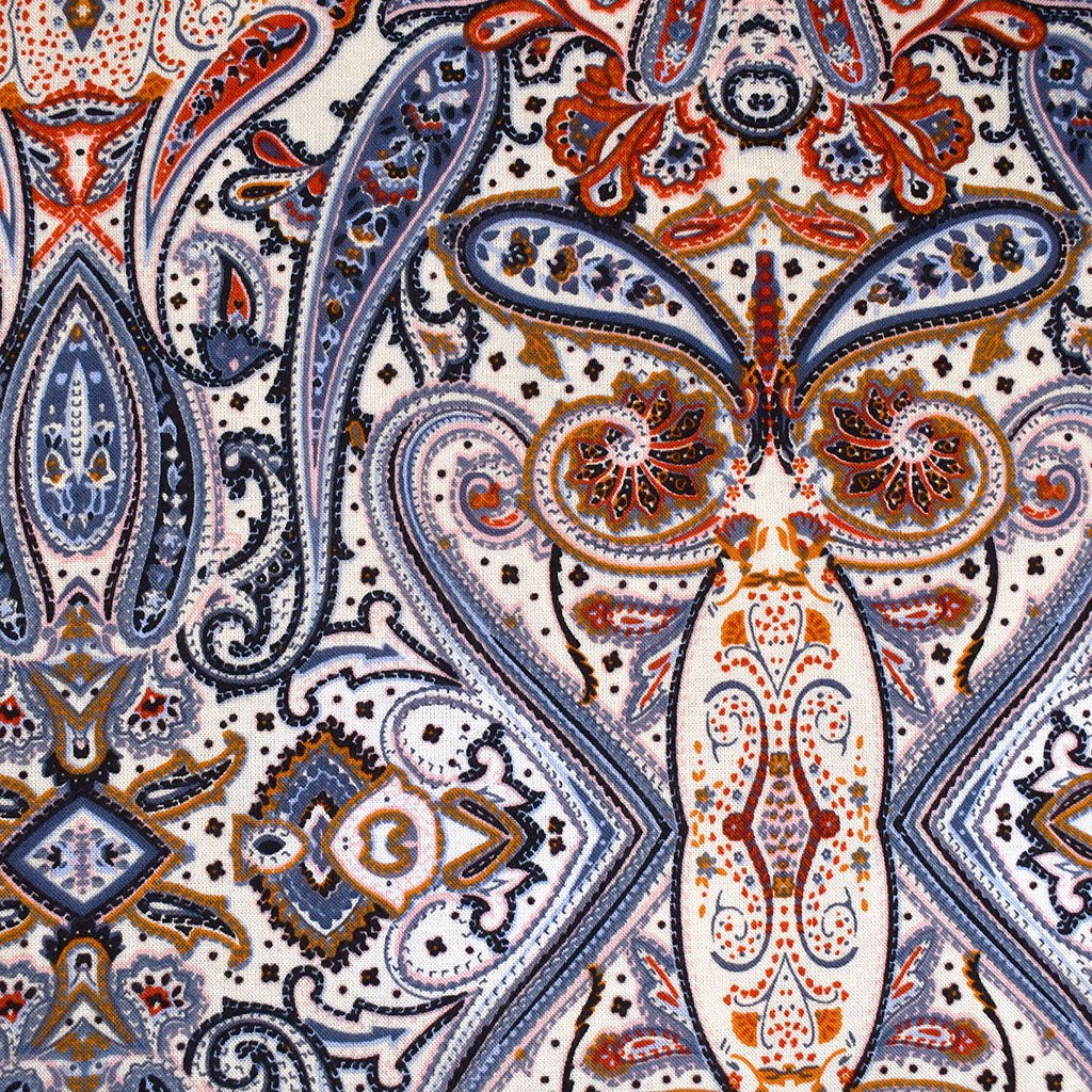 Paisley Bandana Print Rayon Challis Denim/Persimmon – Style Maker Fabrics