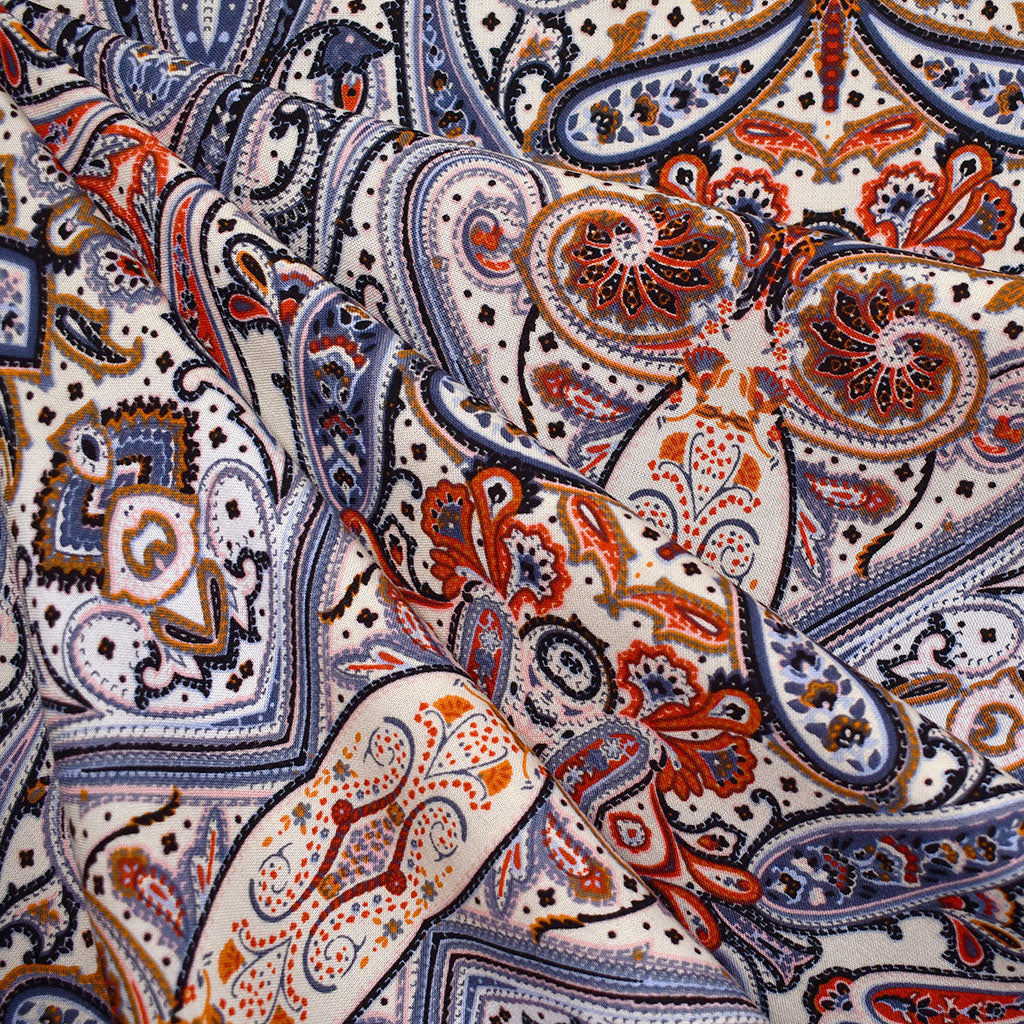 Paisley Bandana Print Rayon Challis Denim/Persimmon – Style Maker Fabrics