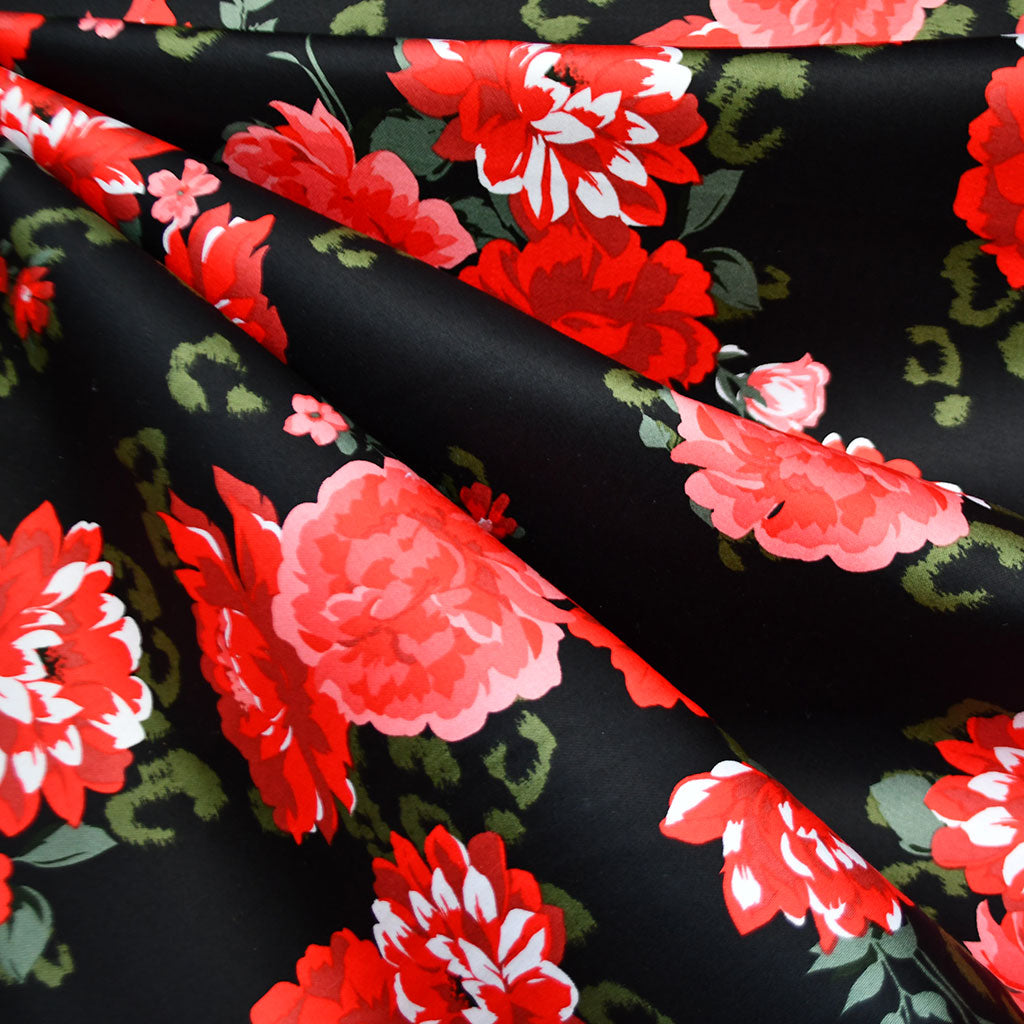 Tonal Floral Stretch Sateen Black/Red – Style Maker Fabrics