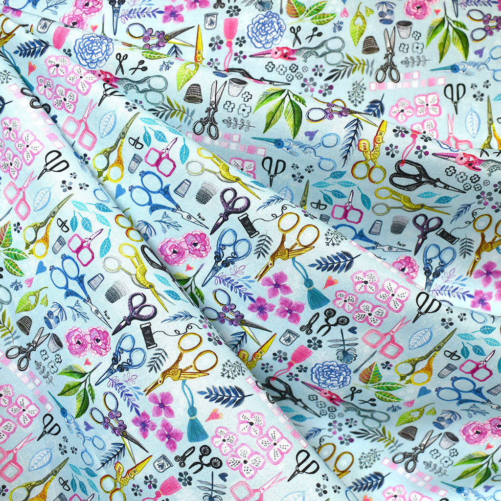 Sew Mischievous Sewing Scissors Digital Print Cotton Aqua Style Maker