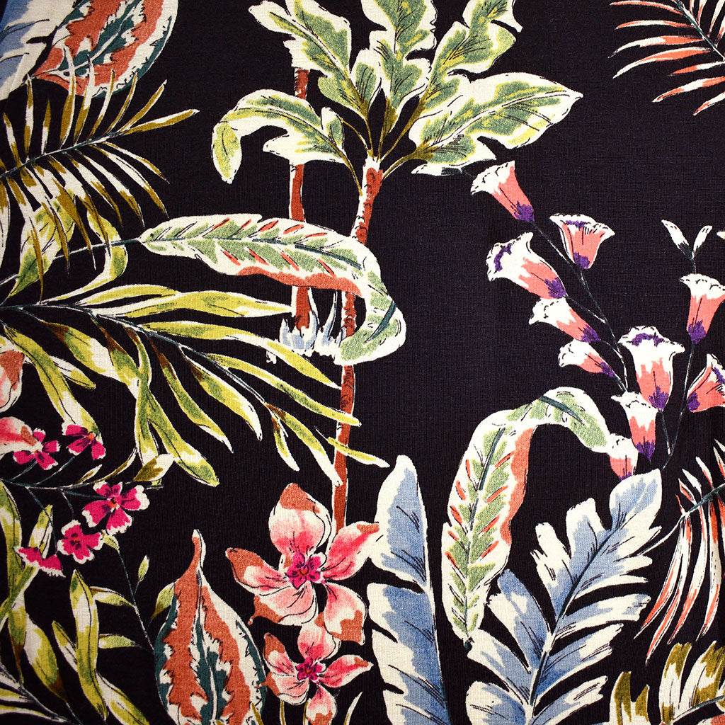 Vintage Tropical Foliage Rayon Jersey Knit Black/Multi – Style 