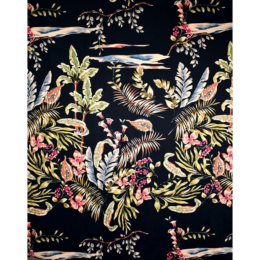 Vintage Tropical Foliage Rayon Jersey Knit Black/Multi – Style 