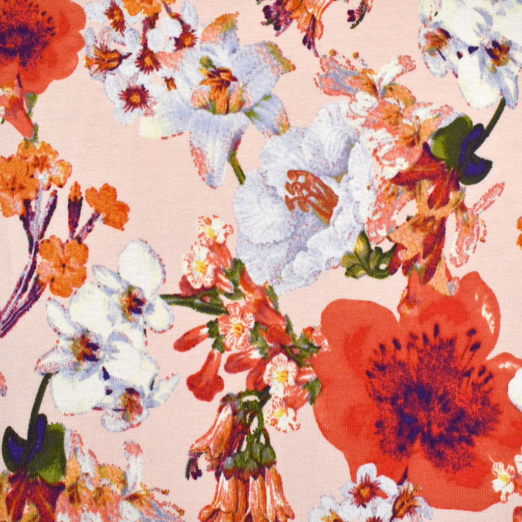 Cherry Blossom Floral Cotton Jersey Knit Coral Style Maker Fabrics Cherry Blossom Floral Cotton Jersey Knit Coral Style Maker Fabrics